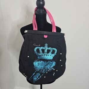 III Parcel Tote Bag Crown Detail Leopard Print Lining Vintage Y2K Black Pink